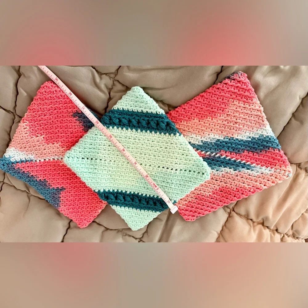 🧵 Handmade Crocheted Pot Holder Set – Orange/Pink & Shades of Teal (Set of 3) - Picture 2 of 5